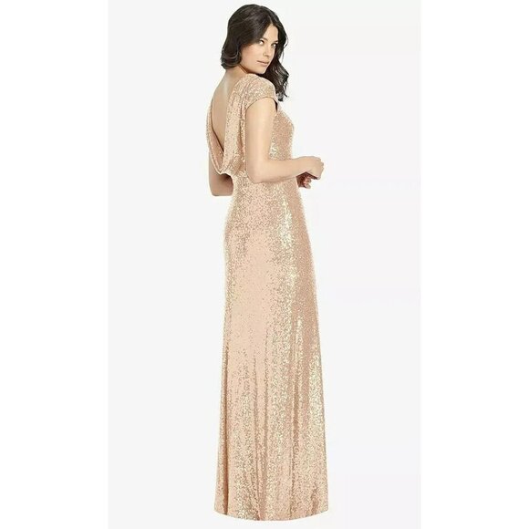 DESSY COLLECTION Cap Sleeve Cowl-back Sequin Gown Front Slit In Rose Gold Sz 6R - Picture 9 of 9
